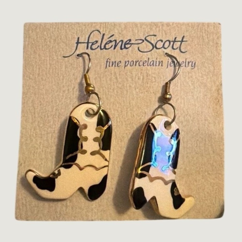 Helene Scott Porcelain Cowboy Boot Earrings‎ Cow Print Western Handcrafted